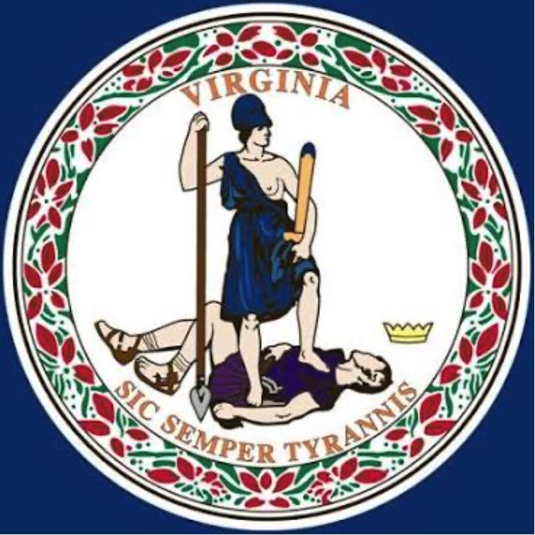 Virginia Seal depicting Justice standing on the neck of a defeated tyrant, along with the text Virginia above, and Sic Semper Tyrannis below.